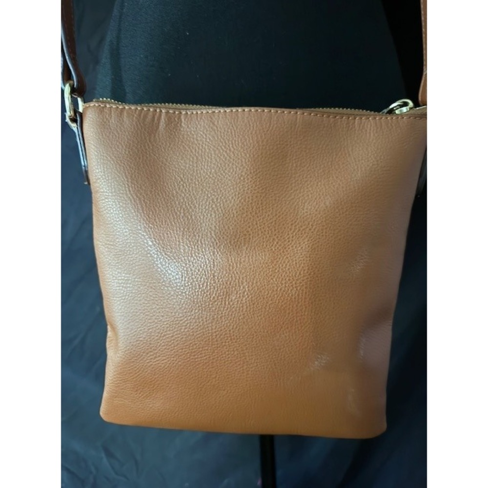 Lauren Ralph Lauren Tan Pebbled Leather Crossbody Bag Gold Logo Brown Small - Picture 4 of 6